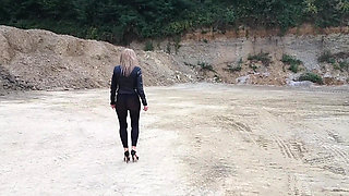 Grandma Is Walking Around a Gravel Pit in Tight Leggings and High Heels!
