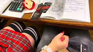 HIGH SCHOOLGIRL Stroking him Off in MATH Class under the Table. At College