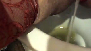 Red Lace Lingerie Pee Fetish - Big Tits Teasing and Messy Bathroom Play