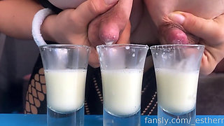 Filling Three Glasses with Fresh Breast Milk From My Full Breasts