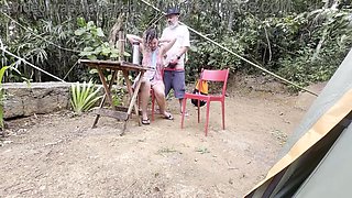 Horny female gives a fellatio and rails a stranger at the campsite.