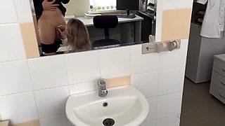 Beautiful blonde doctor sucks big and gets cum in her mouth