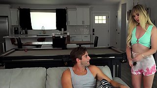 Busty blond gives her stepbrother a deep oral pleasure for