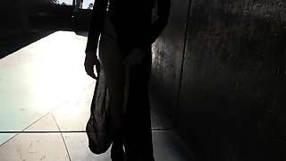 Shy Goth Exhibitionist - High Slit Sheer Dress Crotchless