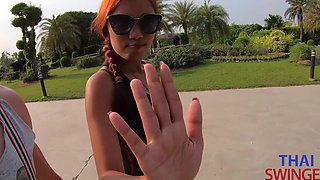 Asian cutie in panties gives sensual POV BJ to horny redhead Thai guy