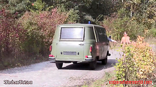 A Blonde Imprisoned Girl Has to Run Beside the Police Bus Leashed and Driven by Lashes