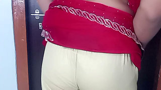 Indian hot stepmom wearing sexy red bra and satin saree