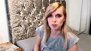 Blonde Housewife with big boobs masturbates with huge dildo