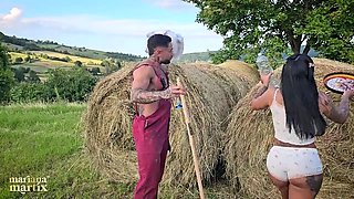 Latina cuckold fucks her farmer outdoors before her husband arrives -