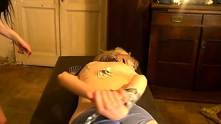 Flexible pale brunette with foot fetish does hot footjob