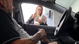 Risky Roadside Blowjob - Amateur Redhead MILF with Glasses Gives Handjob in Car at Beach