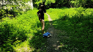 Jogging without pants in a forest park. Old video