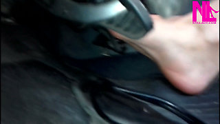 Hot Barefoot Pedal Pumping in My Leather Black Flops