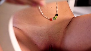 Close up with teen blonde sex doll rubbing her cunt