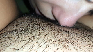 I press her head closer to my hairy pussy with my hand so I can cum harder