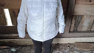 Getting naked in the shed for slapping her tits