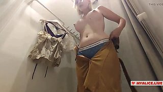 Caught in Dressing Room No Panties - Blonde with Big Tits in Mini Skirt Public Voyeur