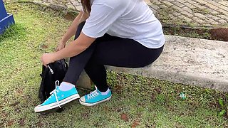 Schoolgirl publicly teases her teacher and rides him to a creampie in his car!