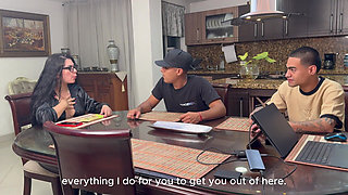 My Husband Will Be Home Soon, and My Stepson Is in the Bedroom! Latina Stepmom Fucks Her Stepson's Best Friend