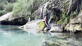 Monika Fox in Pink Bikini and Naked at Waterfall and Cave