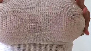 Blonde Housewife with big boobs masturbates with huge dildo