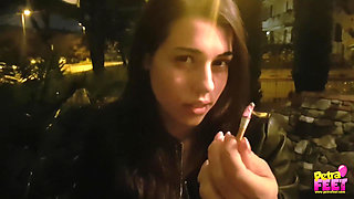 Smoking and foot fetish in outdoor with cute teen