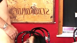 German hot milf gets fucked by young guys in restaurant and gets cum in mouth