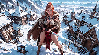 Redhead Warrior in Snow! Forbidden Leather Armor Seduction in Medieval Village. Cold Queen Unzips Her Gear & Goes Wild!