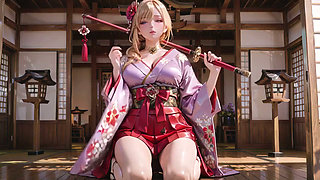 Blonde Goddess in the Japanese Corridor, Lazy Gazes, Hand on Hips, Sunlight Drenching Her Skin
