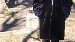 Julie Walking Through a Car Park Wearing Fur Coat, See Her Bound Tits Sticking Out
