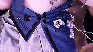 Style Sexy Dress; Black Stockings; Butt Plug; Anal Beads; Handjob; Cowgirl Position; Big Tits Jiggling; Pussy Exposed