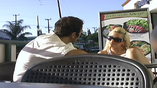 Picked up Blonde Rides Him on the Orange Couch - Busty Pickup in a White Top Sucks and Bounces