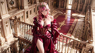 The Pink Queen's Coronation! Deep red silk, golden goblet, and a lazy gaze from the throne. Pure fantasy.