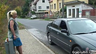 He picks up and doggy-fucks blonde old granny