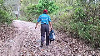 Perverted old man fucks his busty stepdaughter in the jungle outdoors