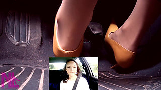 Driving in Leather Pointing Pumps and Nude Stockings