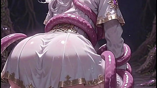White-haired Elven Priestess with Worm Monster, Anime Hentai