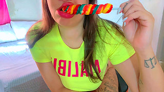 Slutty teen uses big lollipop in her pussy to masturbate like a bad girl