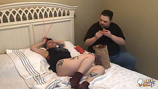 NIKKISFETISHES Tattooed Woman in Maroon Socks Restrained While Overweight Man Feeds Her
