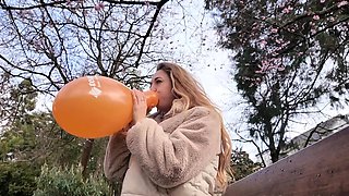 Outdoor anal solo and masturbating blonde