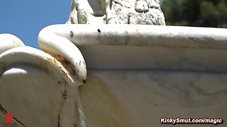 Blond hair girl loves public nudity and bondage