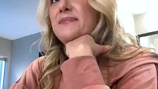 Blonde cumshot amateur MILF POV jerking in the kitchen