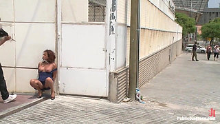 Spanish hottie gets throat fucked on the street  bound in front of a busy cafe!