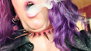Purple Haired Smoking Goth Tina Snua Smokes Close Up - Coughing Smoke Drifts OMI OME Snap Inhales