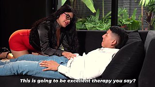 Busty MILF treats her client with her dirty pussy during therapy