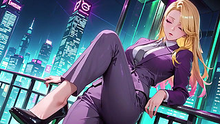 Blonde Boss in Purple Suit! Cyberpunk City Vs. Private Bedroom Contrast, Lazy Poses, Finger on Lips, Body Already Soaked!