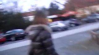 Lovely euro babe blowing dick outdoors before banging in house