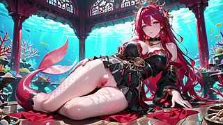 Red-haired Mermaid in Black Gown! Kneeling by the Pool, Lips & Mesmerizing Eyes.