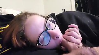 Subjugated sandy-haired Belle is deep-throating her tormentor's beefstick while in couch