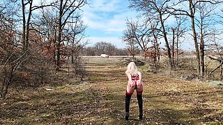 Little Whore Strips Off Her Red Bodysuit On The Highway